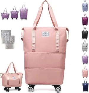 Beente Travel Bag with Wheels, Kulken Expandable Duffel, 2025 New Large Capacity Travel Bag - Universal Wheel Removable, Comes with A Dust Bag (Pink)