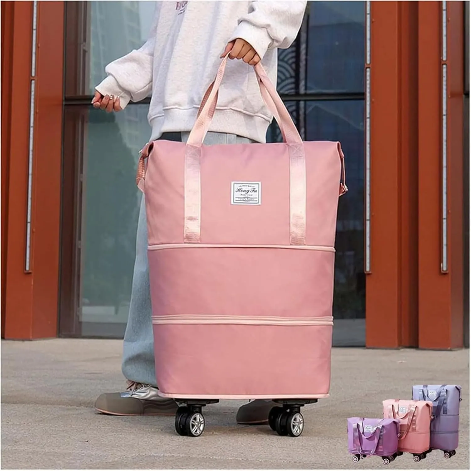Beente Travel Bag with Wheels, Kulken Expandable Duffel, 2025 New Large Capacity Travel Bag - Universal Wheel Removable, Comes with A Dust Bag (Pink)