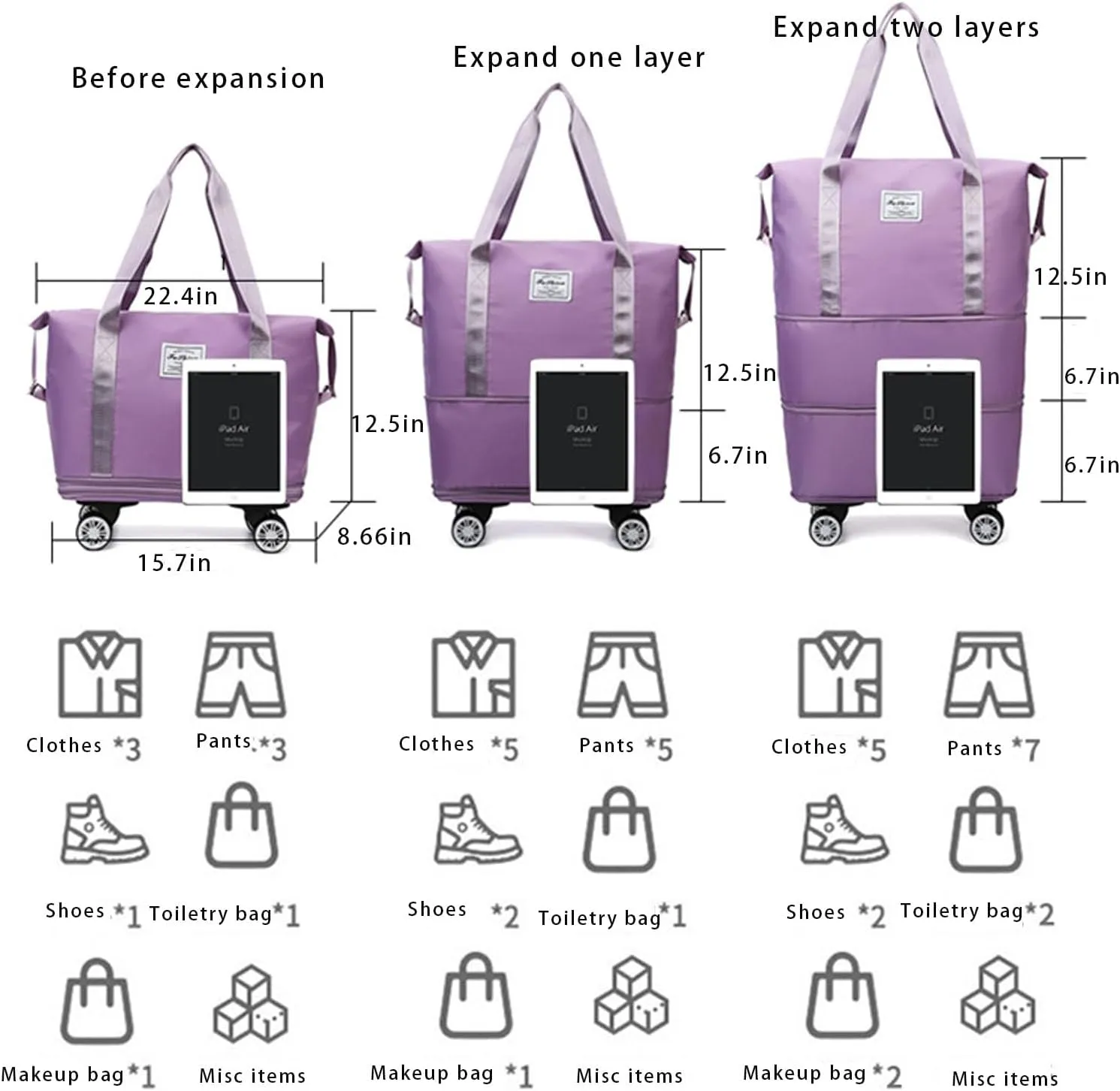 Beente Travel Bag With Wheels - Large Capacity Travel Bag - Universal Wheel Removable, Expandable Foldable, Weekend Bag For Travel For Camping, Business Travel (1, dark blue, 22.4inx8.6inx26in)