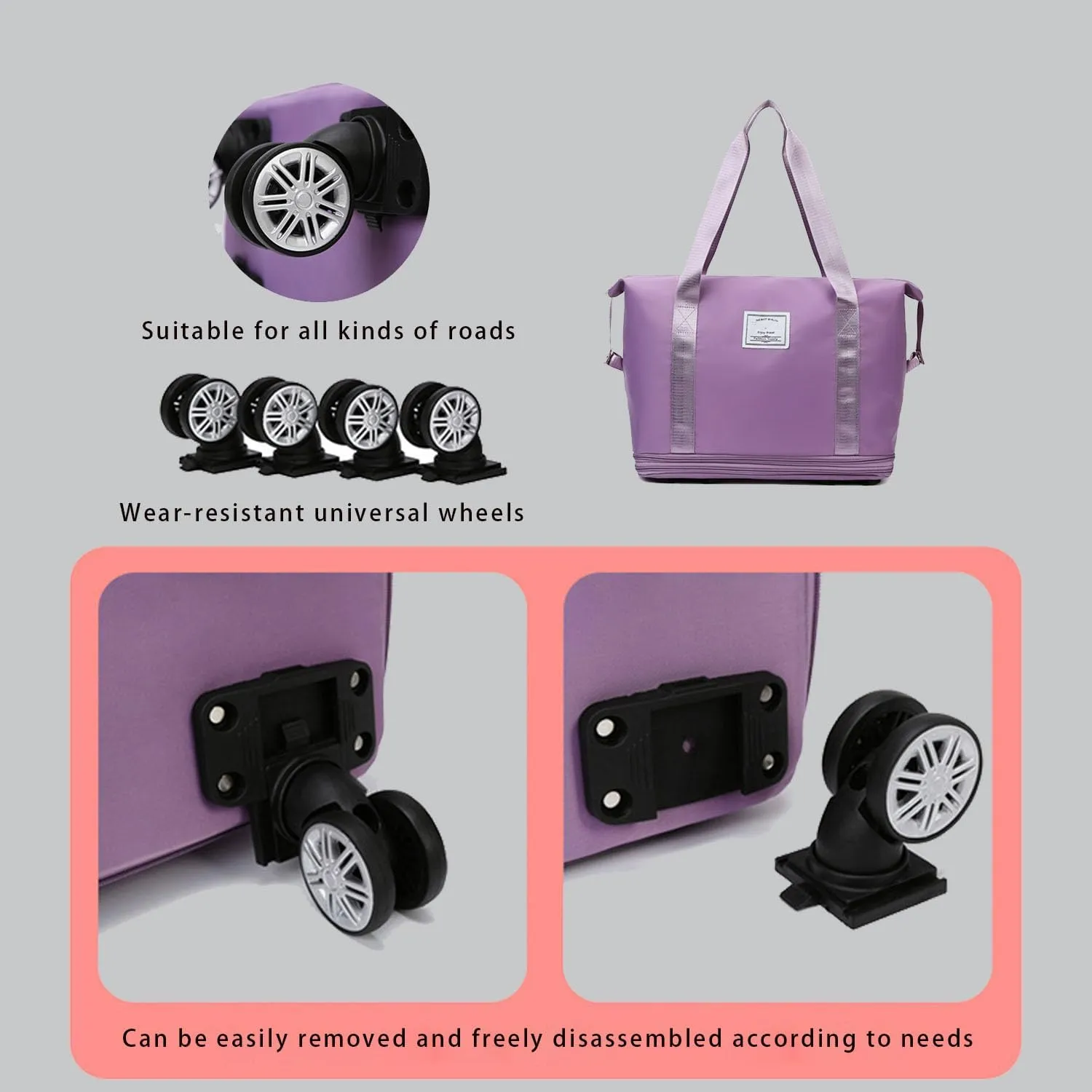Beente Travel Bag With Wheels - Large Capacity Travel Bag - Universal Wheel Removable, Expandable Foldable, Weekend Bag For Travel For Camping, Business Travel (1, dark blue, 22.4inx8.6inx26in)