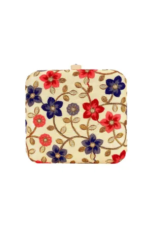 Beige Embroidered Faux Art Silk Clutch