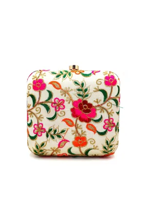Beige Floral Embroidered Clutch