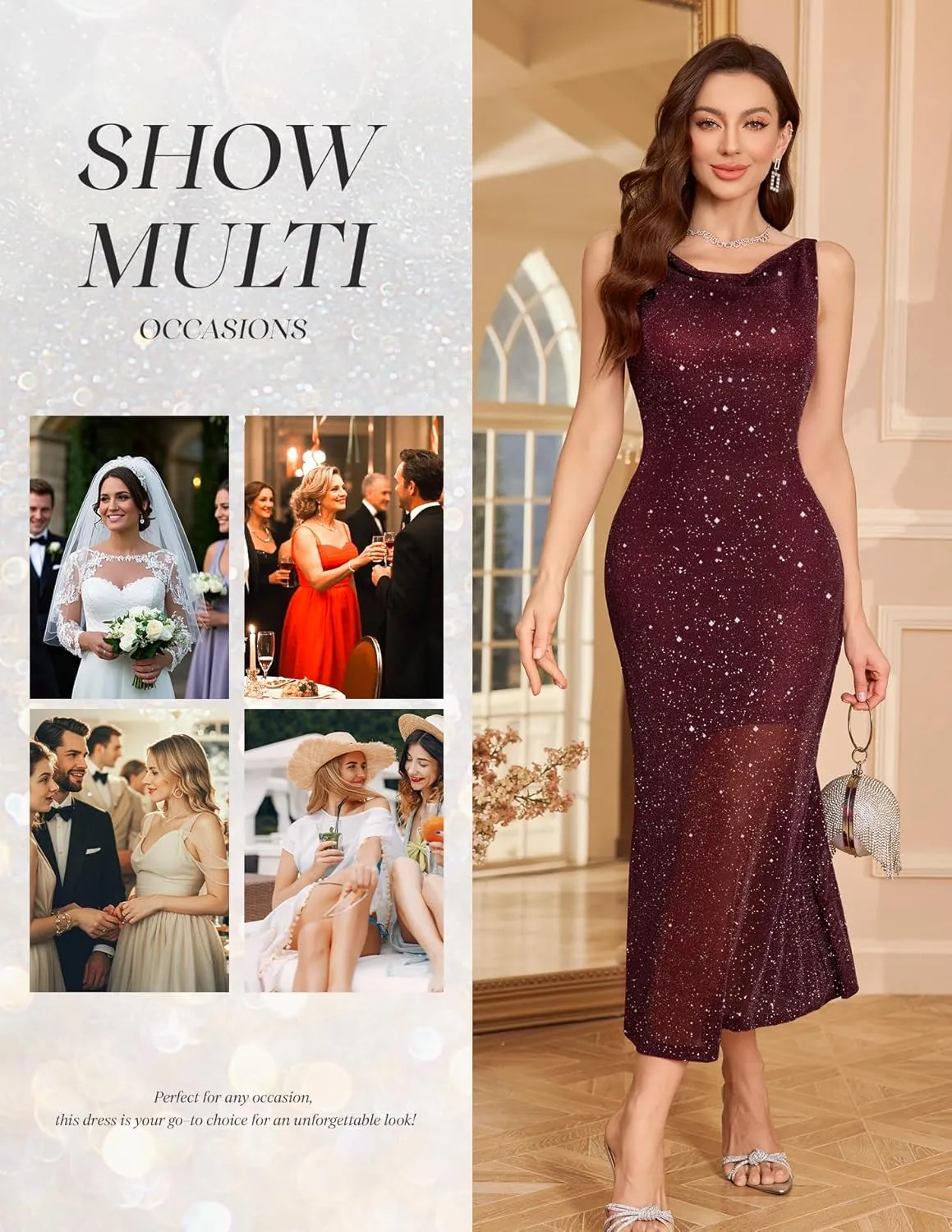 BeryLove Formal Sequin Wedding Guest Prom Cocktail Cowl Neck Bodycon Dresses