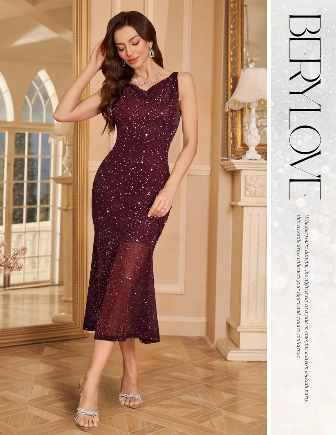 BeryLove Formal Sequin Wedding Guest Prom Cocktail Cowl Neck Bodycon Dresses