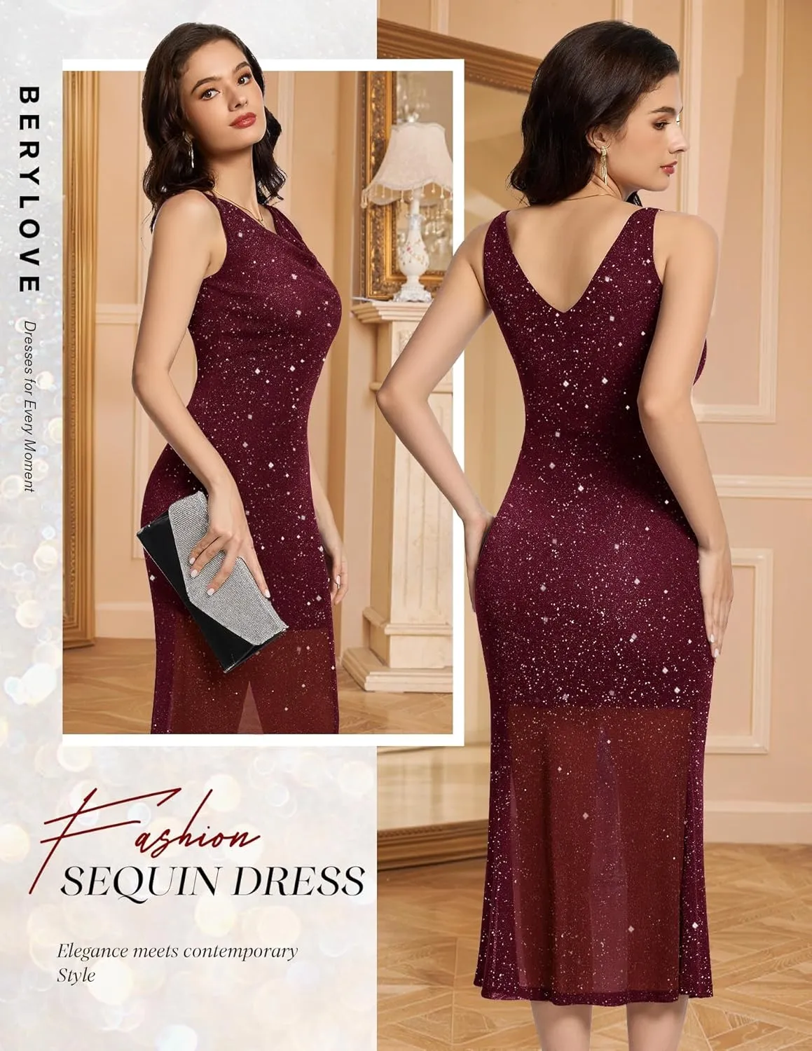 BeryLove Formal Sequin Wedding Guest Prom Cocktail Cowl Neck Bodycon Dresses