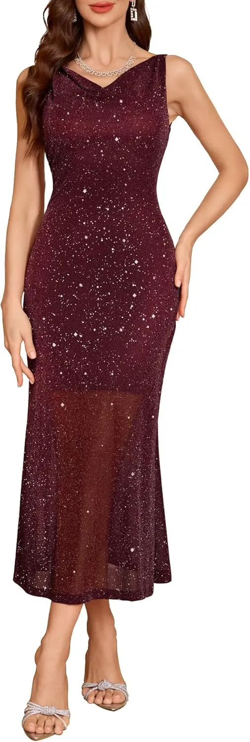 BeryLove Formal Sequin Wedding Guest Prom Cocktail Cowl Neck Bodycon Dresses
