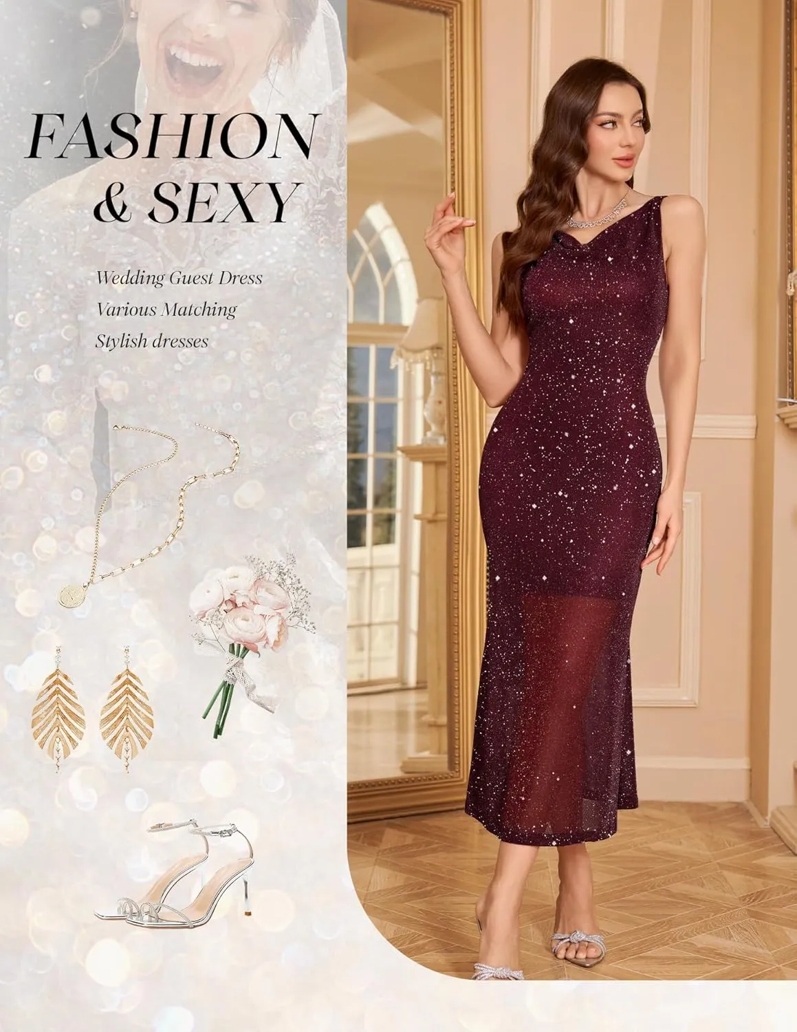 BeryLove Formal Sequin Wedding Guest Prom Cocktail Cowl Neck Bodycon Dresses