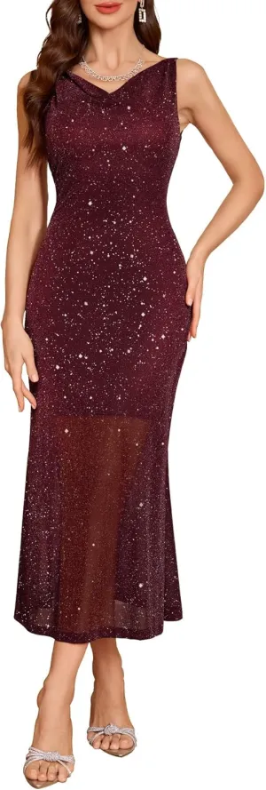 BeryLove Formal Sequin Wedding Guest Prom Cocktail Cowl Neck Bodycon Dresses