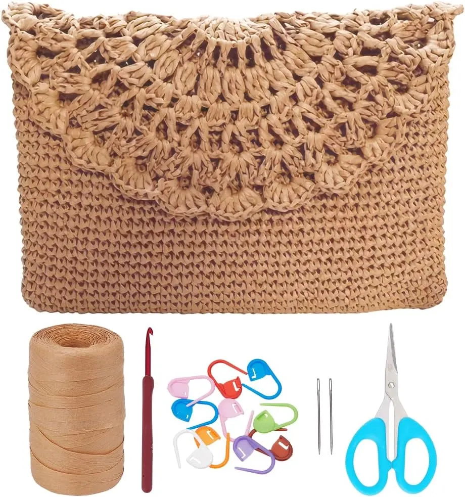 BEUNITONE Crochet Raffia Handle Bag kit DIY Straw Crochet Raffia Handle Bag kit for Women Straw Handmade Bag Kits Woven Rattan Bag Kits Set for Crocheting Retro Rattan Tote Clutch Bags for Gifts