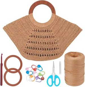 BEUNITONE DIY Raffia Bag Kit Woven Beach Bags Kits Set for Beginners Boho Straw Beach Totes Bags Raffia Ribbon for Shoulder Bags Crocheting Raffia Paper Ribbons for Bags Craft Durable Handbag DIY
