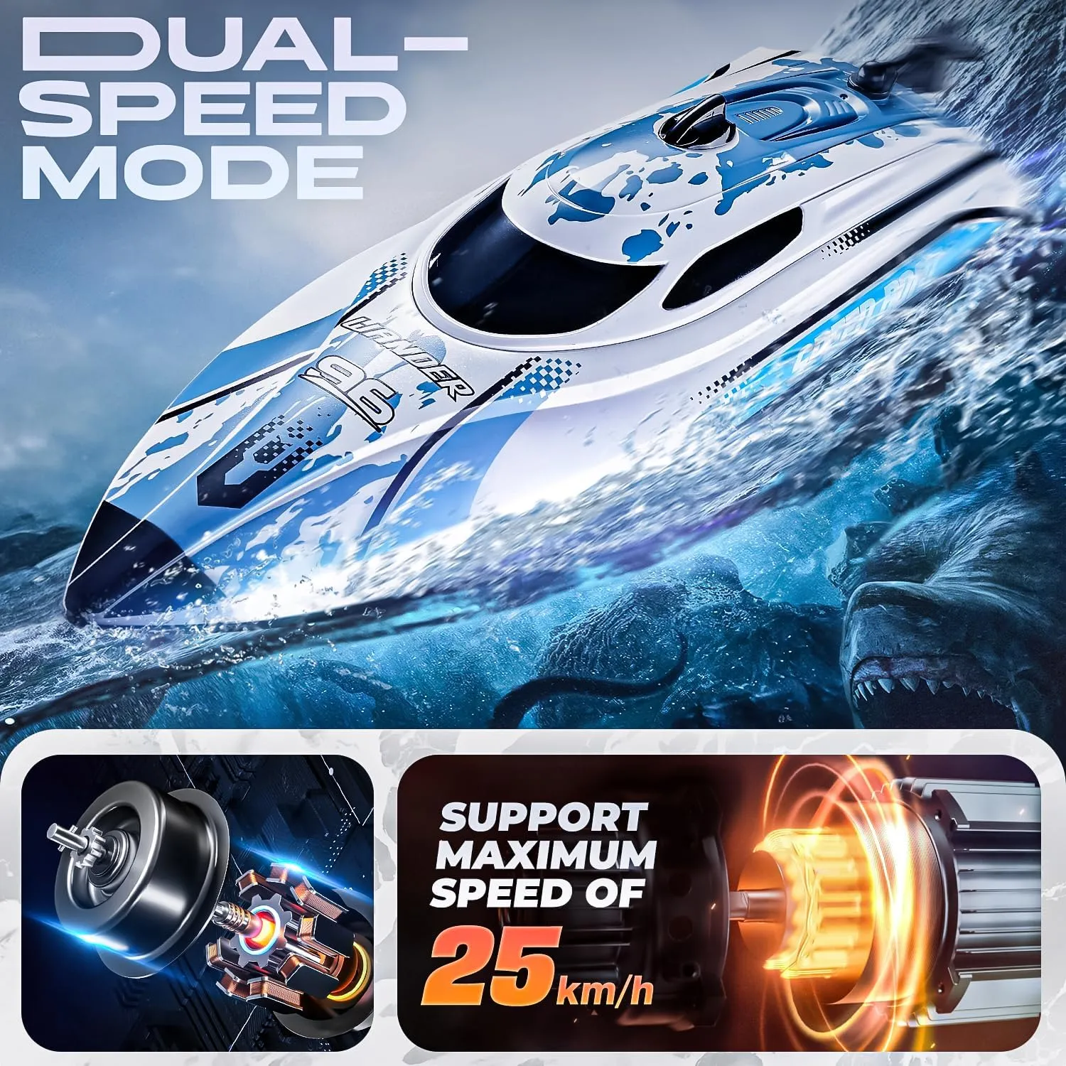 BEZGAR RC Boat for Kids & Adults, 12 inch Fast RC Speed Boat with 700mAh Battery, Ideal Waterproof Toy for Lakes & Pools - TX126 White