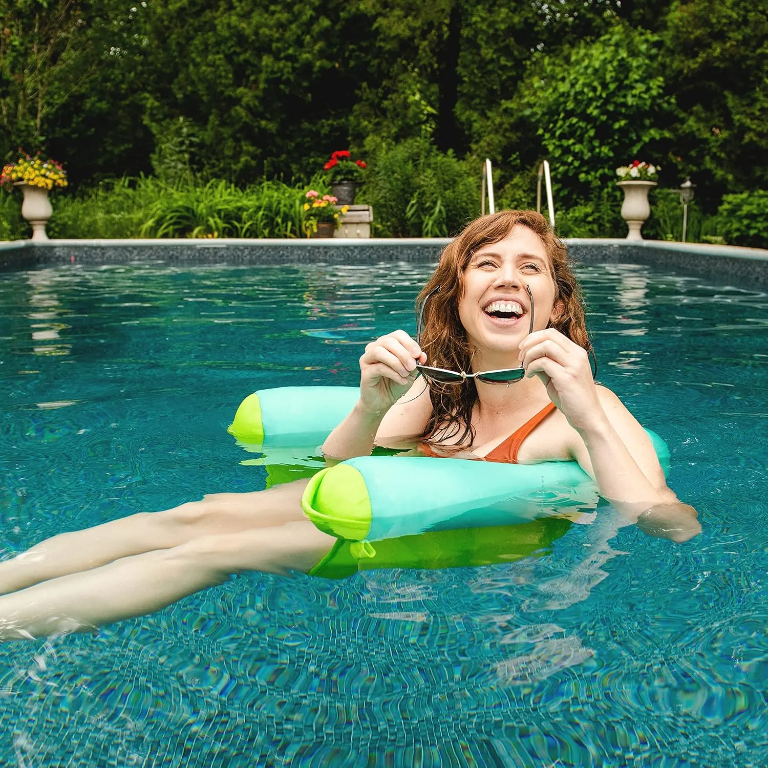Big Joe Noodle Sling, No Inflation Needed, Pool Float with Armrests, Quick Draining Fabric, Cup Holder