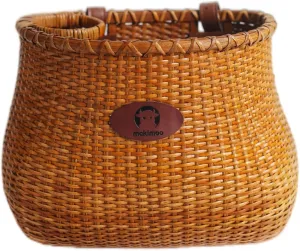 Bike Basket for Women's Beach Cruiser or Scooter The Original Wicker Bicycle Baskets with Built in Cup Holder for Front Handlebar-Classic Vintage Style Handmade Natural Rattan Wicker