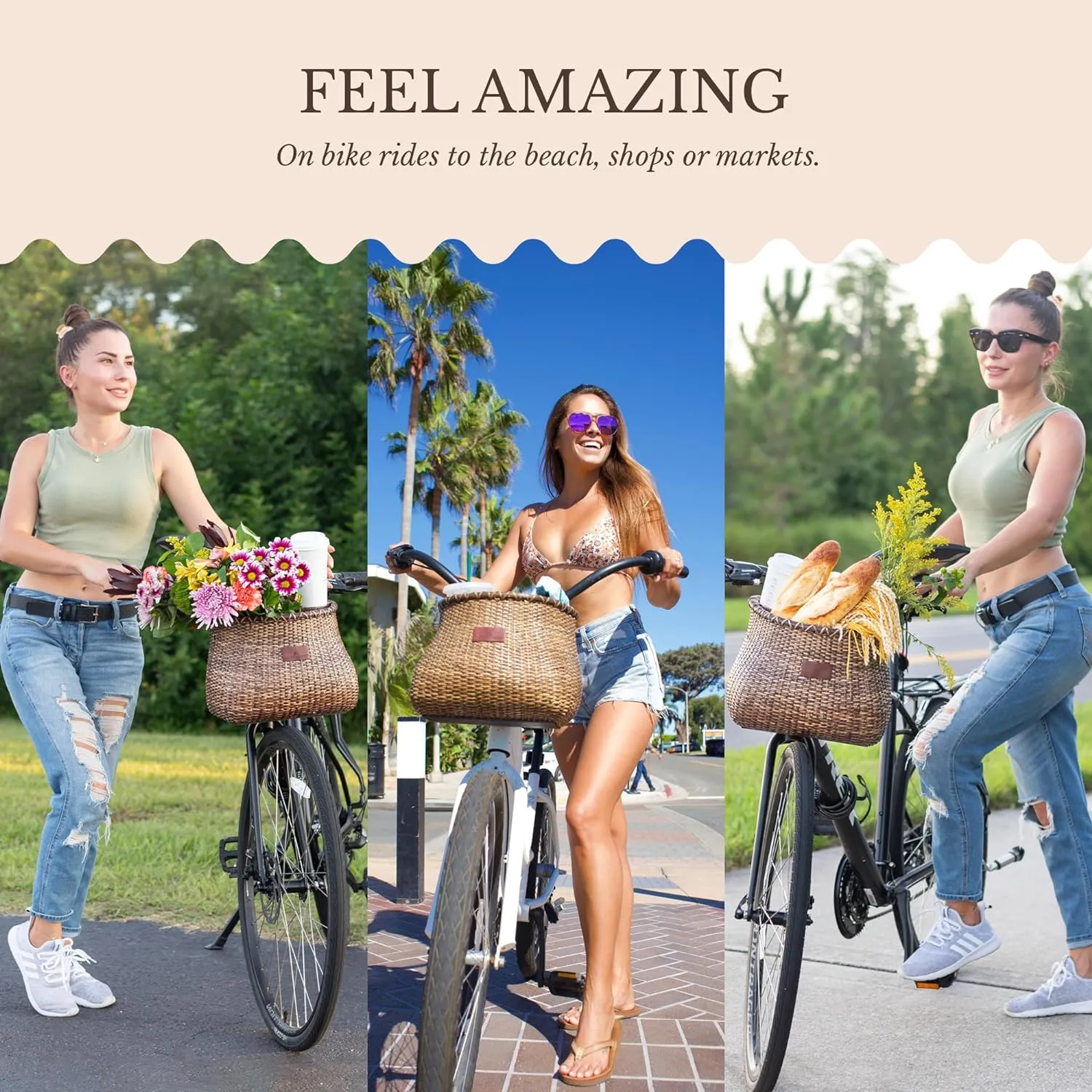 Bike Basket Front for Women's and Mens Cruiser with Coffee Cup Holder, Handmade Bicycle Basket for Adult Bikes mounts to Front Handlebars of Beach Cruisers