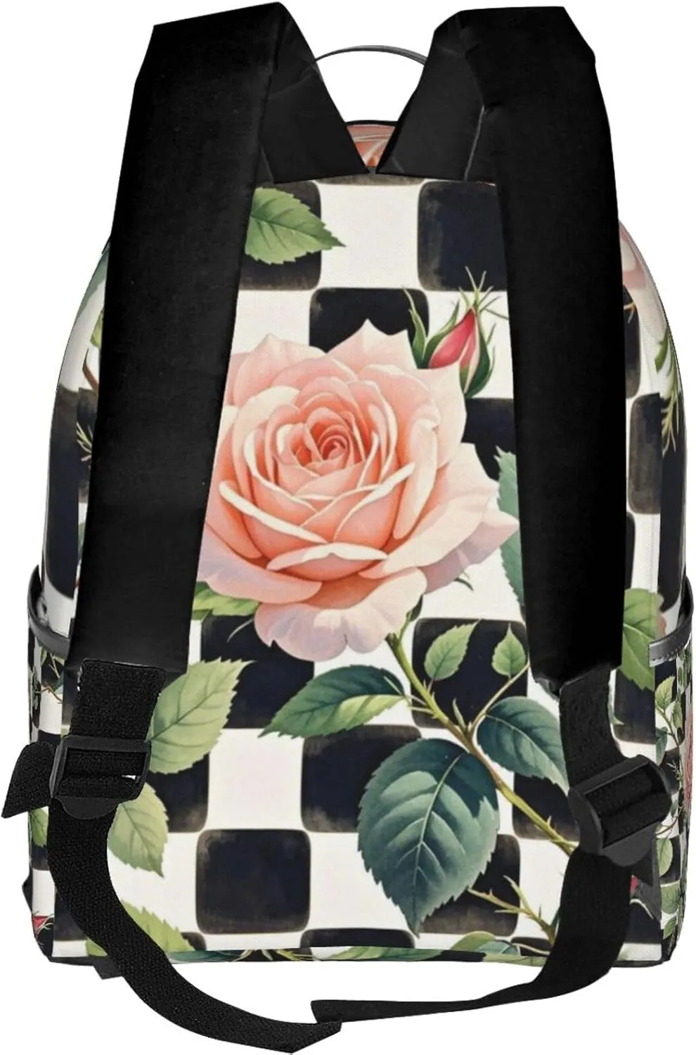 Black and White Plaid Rose Adult Backpacks 14 Inch Laptop Backpack Double Shoulder Bag for Work Travel Gifts