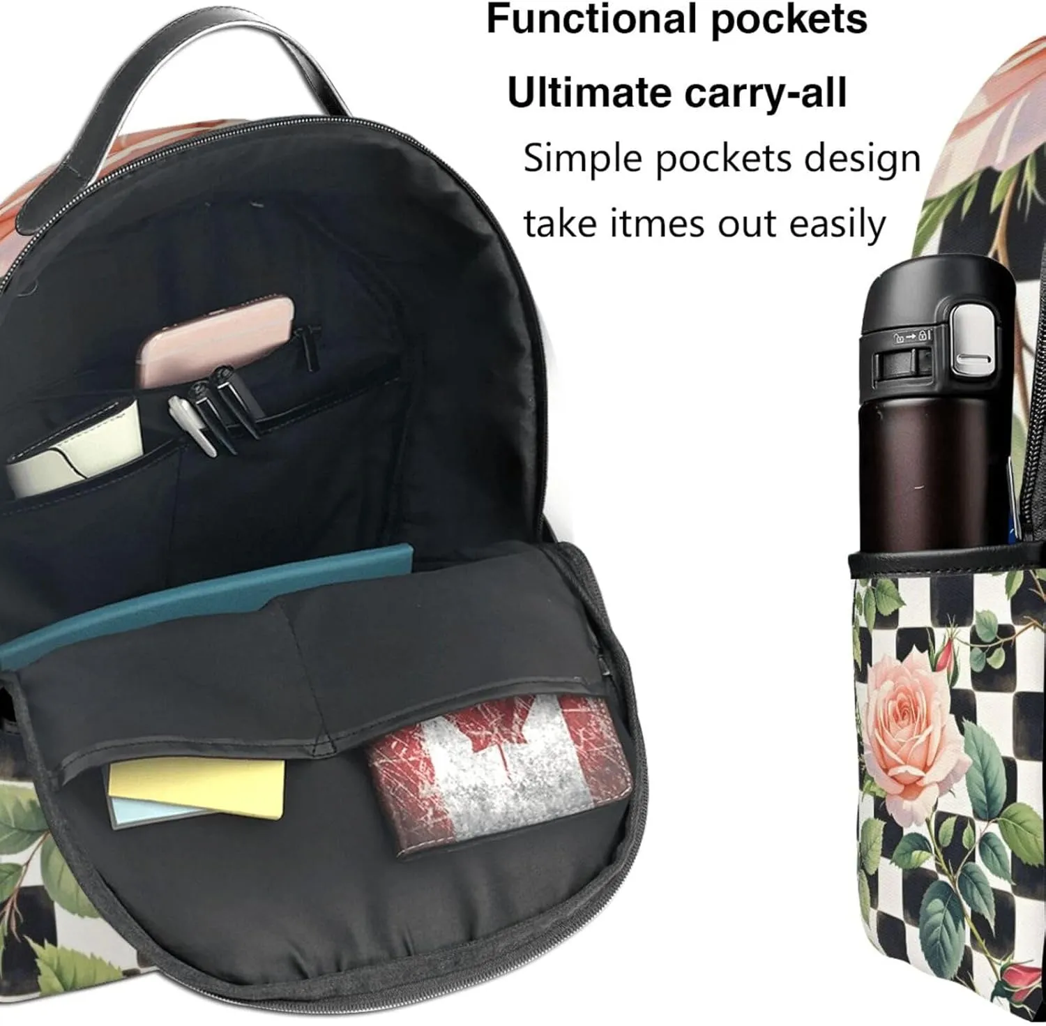 Black and White Plaid Rose Adult Backpacks 14 Inch Laptop Backpack Double Shoulder Bag for Work Travel Gifts