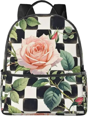 Black and White Plaid Rose Adult Backpacks 14 Inch Laptop Backpack Double Shoulder Bag for Work Travel Gifts