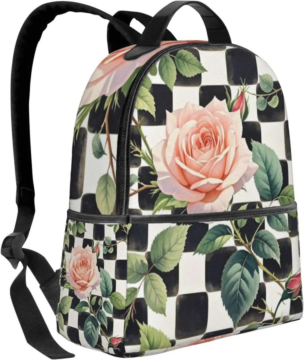 Black and White Plaid Rose Adult Backpacks 14 Inch Laptop Backpack Double Shoulder Bag for Work Travel Gifts