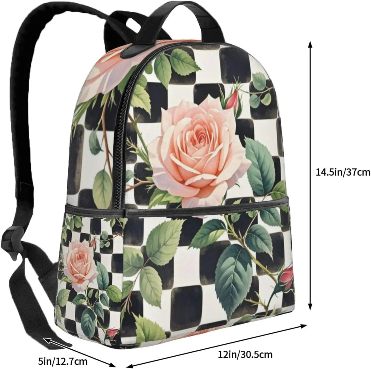 Black and White Plaid Rose Adult Backpacks 14 Inch Laptop Backpack Double Shoulder Bag for Work Travel Gifts
