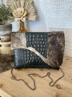Black Croc with Brindle Hide Flap Clutch/Crossbody