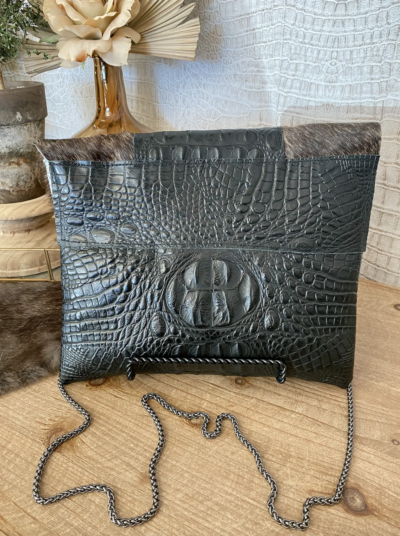 Black Croc with Brindle Hide Flap Clutch/Crossbody