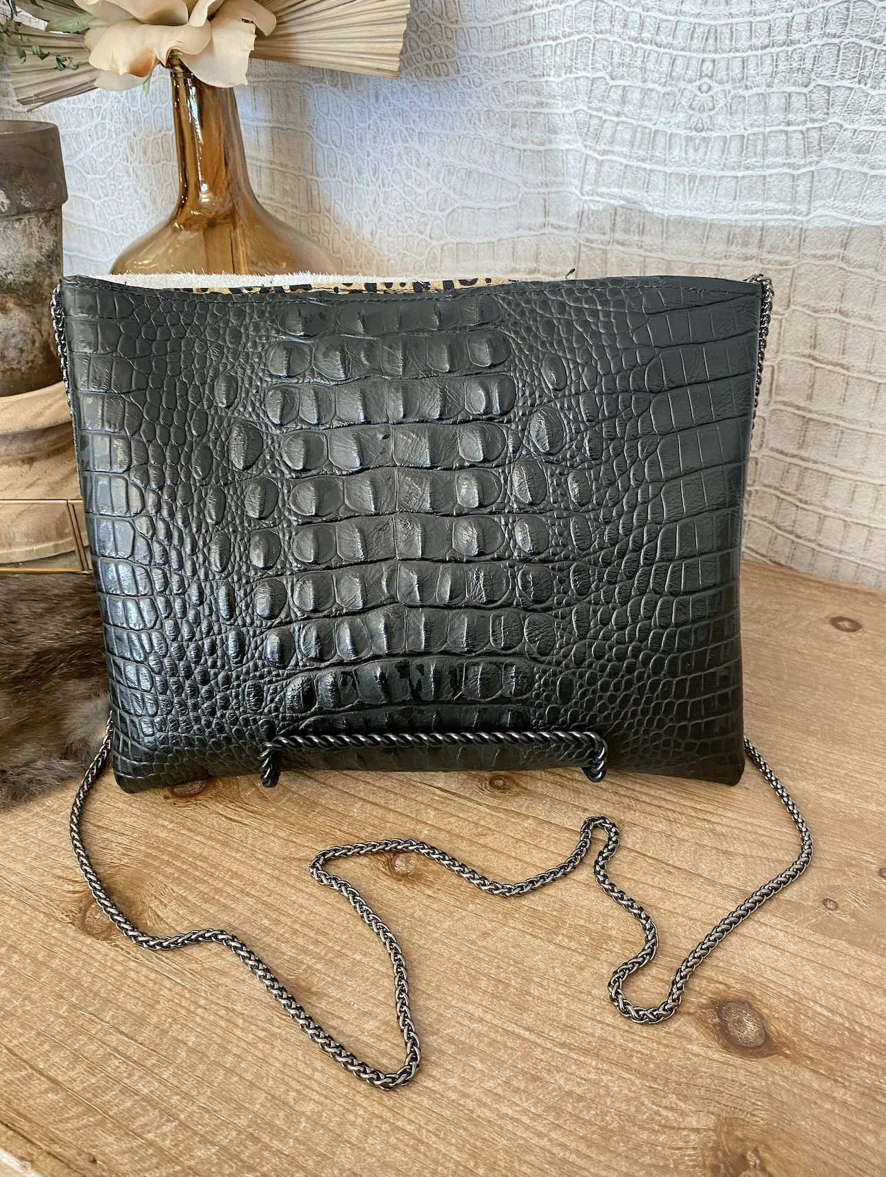Black Croc with Brindle Hide Flap Clutch/Crossbody