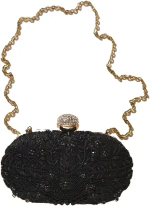 Black Embroidered Silk Clutch - Hand Embroidered Silk Handbag Clutch Purse - Evening Handbag