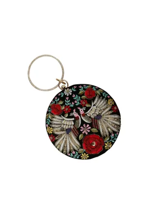 Black Embroidered Women'S Pretty Round Adorning Clutch