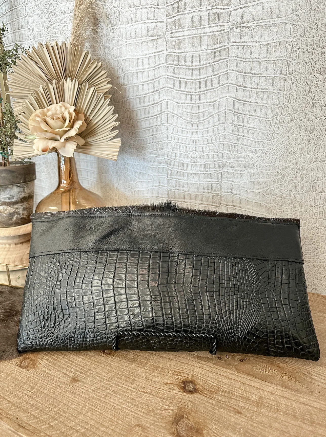 Black Speckled Hide With Black Croc Clutch
