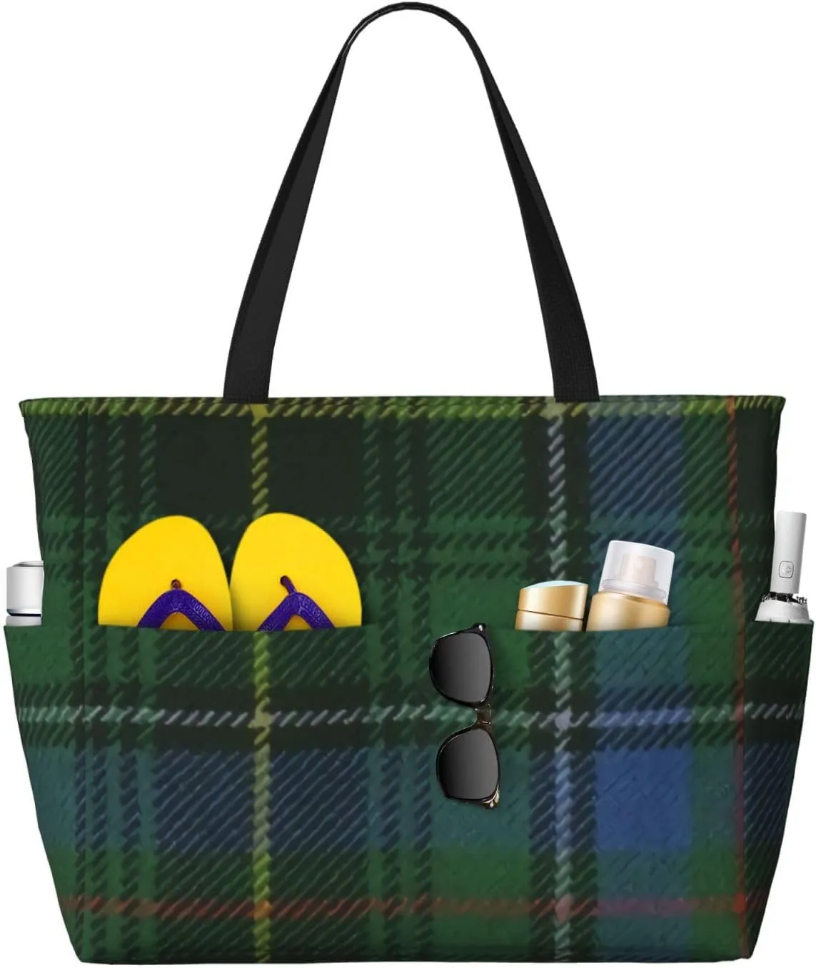 Black Watch Ancient Original Scottish Tartan Beach Bag Women Tote Bag Pool Bag With Zipper For Gym Grocery Travel With Wet Pocket