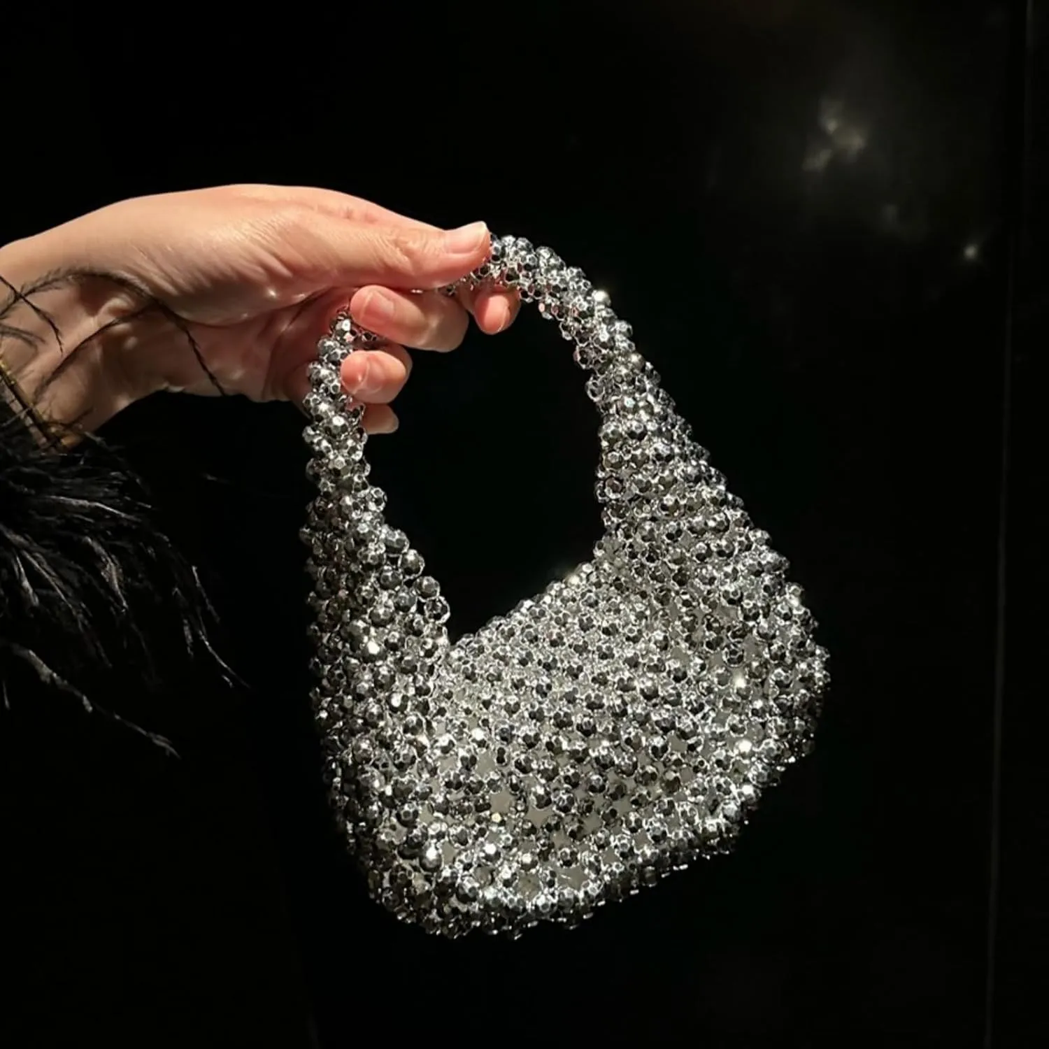 Bling Handbag for Women, Full Glitter Dumpling Crossbody Purse Sparkly Handmade Shoulder Bag Crystal Evening Clutch