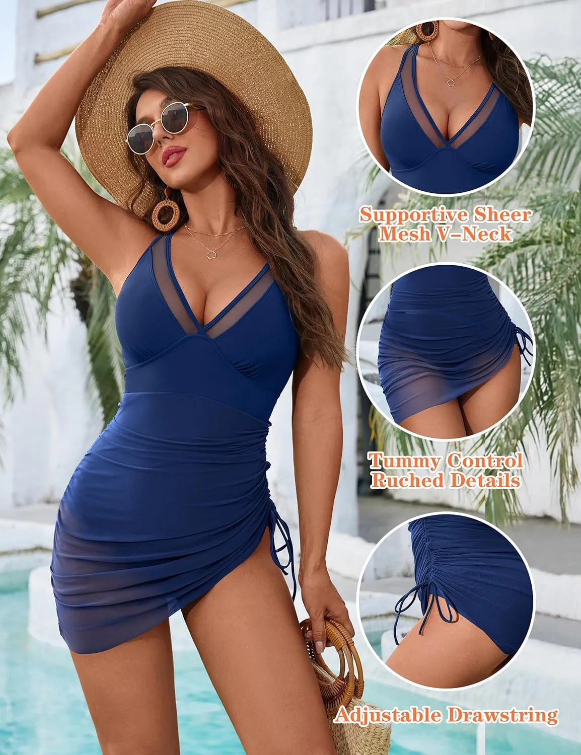 Blooming Jelly Women's One Piece Swimsuit Tummy Control Swim Dress Modest Bathing Suit Mesh Sarong Wraps Swim Suits