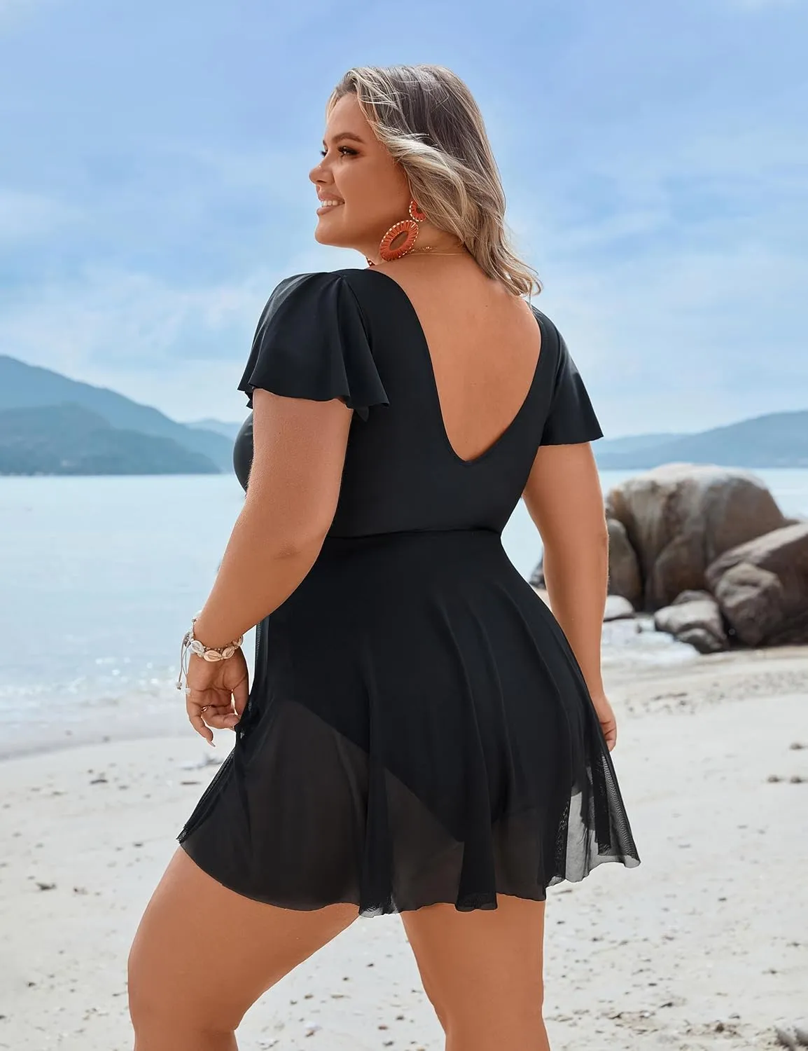 Blooming Jelly Women's Plus Size Bathing Suit One Piece Swim Dress Tummy Control Swimsuits Ruffle V Neck Swimwear