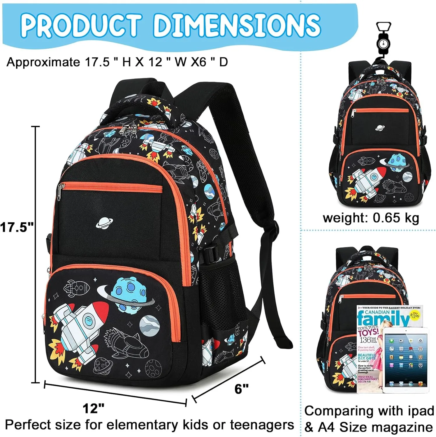 Bluboon Kids Backpack Boys Camo Bookbag Teens Elementary School Bag Daypack Travel Back Pack Middle school (Rocket Blue Planet)