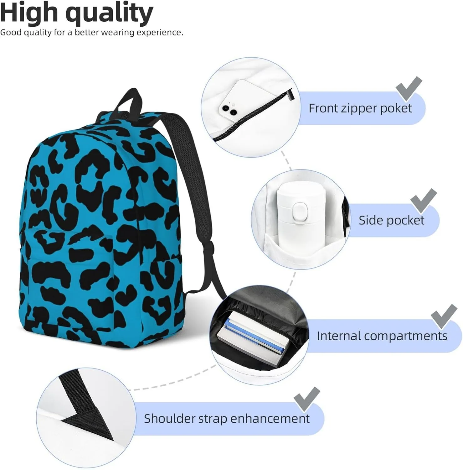 Blue and black cheetah aesthetic Canvas Backpacks Laptop Backpack Multipurpose Double Shoulder Bag for Men Women Gifts Small