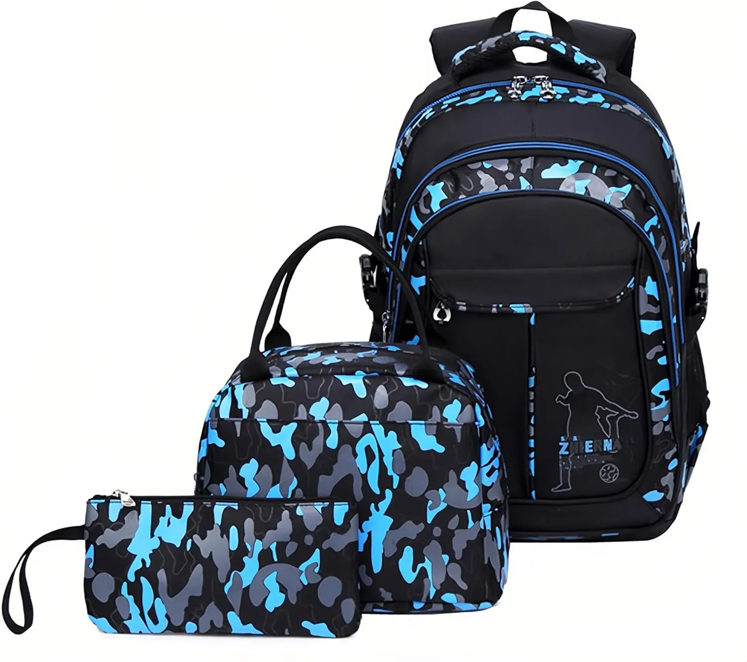 Blue Camo Boys Backpack and Lunchbox Set for Kids 3 Pieces, Camouflage Kids Backpacks with Matching Insulated Lunch Bag and Pencil Case