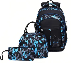 Blue Camo Boys Backpack and Lunchbox Set for Kids 3 Pieces, Camouflage Kids Backpacks with Matching Insulated Lunch Bag and Pencil Case