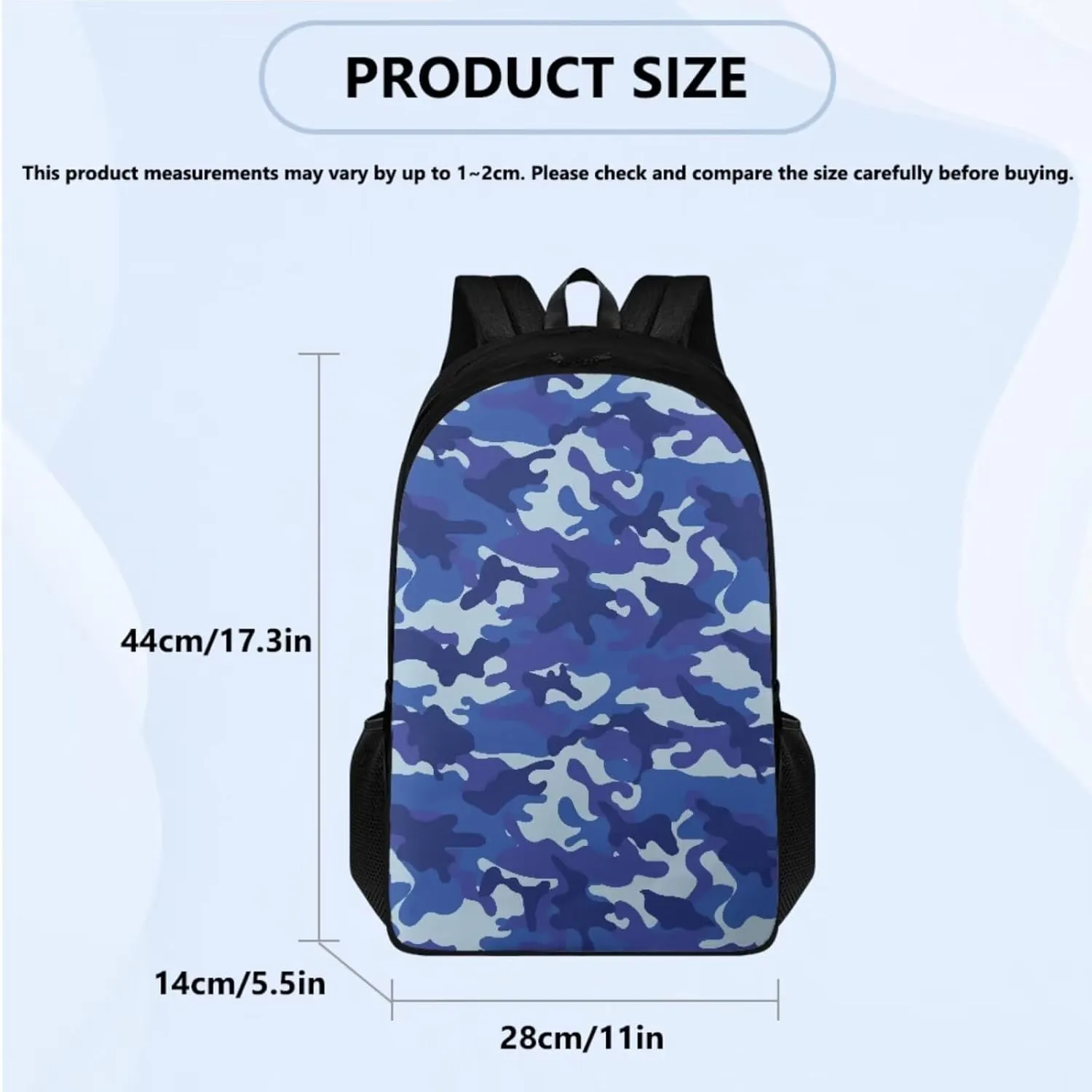 Blue Camouflage Backpack for Kids Large Size 17 Inch Backpack Boys Casual Lightweight Primary Middle School Bag Set 4Pcs with Lunch Box and Insulated Bottle for Traveling Hiking
