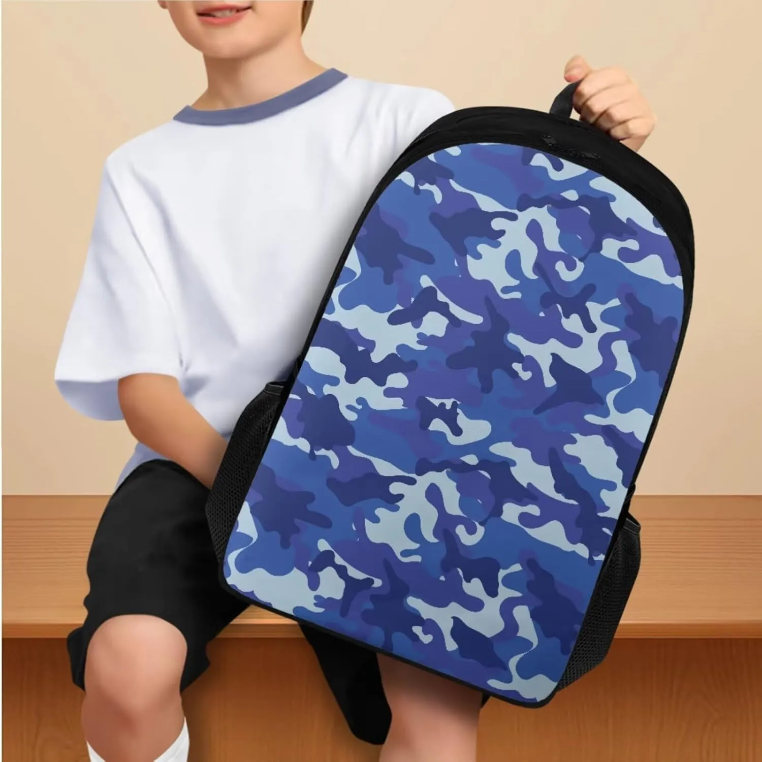 Blue Camouflage Backpack for Kids Large Size 17 Inch Backpack Boys Casual Lightweight Primary Middle School Bag Set 4Pcs with Lunch Box and Insulated Bottle for Traveling Hiking