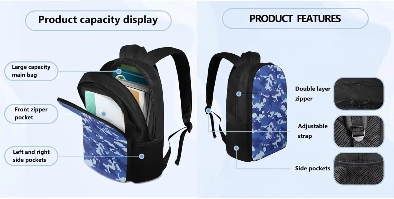 Blue Camouflage Backpack for Kids Large Size 17 Inch Backpack Boys Casual Lightweight Primary Middle School Bag Set 4Pcs with Lunch Box and Insulated Bottle for Traveling Hiking