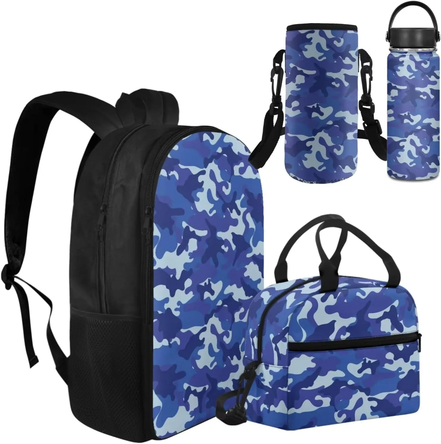 Blue Camouflage Backpack for Kids Large Size 17 Inch Backpack Boys Casual Lightweight Primary Middle School Bag Set 4Pcs with Lunch Box and Insulated Bottle for Traveling Hiking