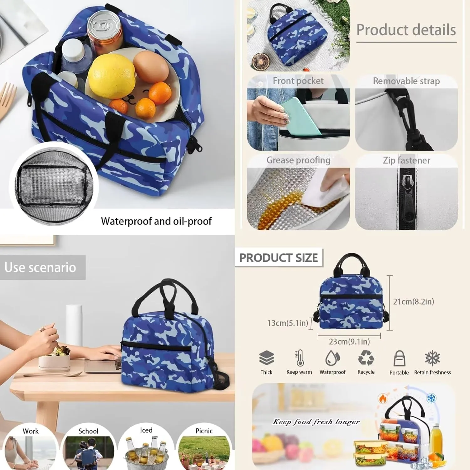 Blue Camouflage Backpack for Kids Large Size 17 Inch Backpack Boys Casual Lightweight Primary Middle School Bag Set 4Pcs with Lunch Box and Insulated Bottle for Traveling Hiking