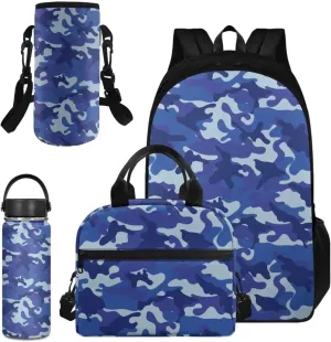Blue Camouflage Backpack for Kids Large Size 17 Inch Backpack Boys Casual Lightweight Primary Middle School Bag Set 4Pcs with Lunch Box and Insulated Bottle for Traveling Hiking