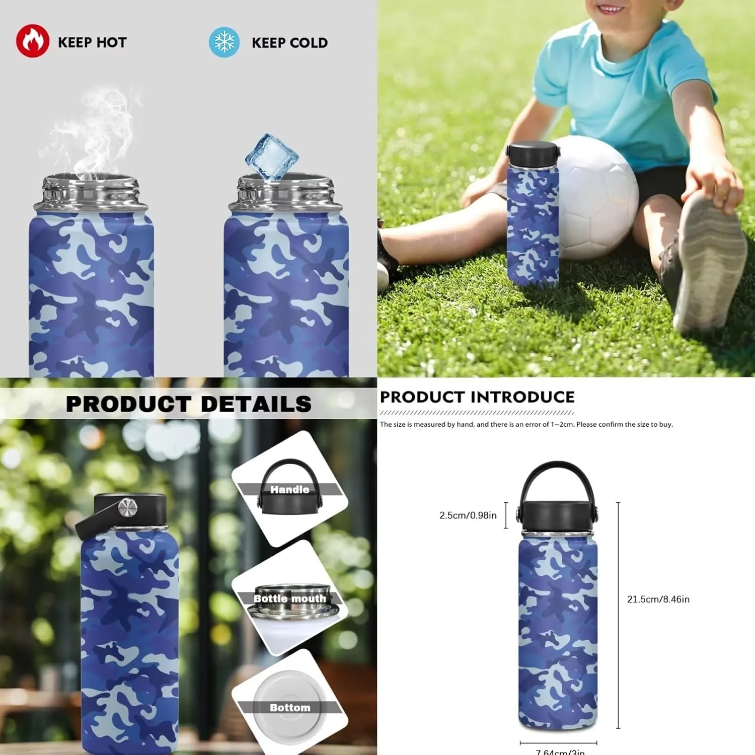 Blue Camouflage Backpack for Kids Large Size 17 Inch Backpack Boys Casual Lightweight Primary Middle School Bag Set 4Pcs with Lunch Box and Insulated Bottle for Traveling Hiking