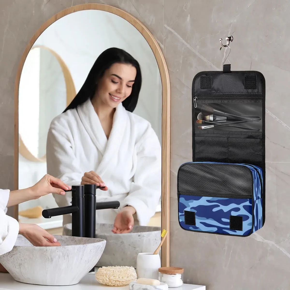Blue Camouflage Hanging Toiletry Bag Waterproof Makeup Cosmetic Bag Travel Bag Organizer for Accessories Shampoo Full Sized Container Travel-Essentials Toiletry Bag