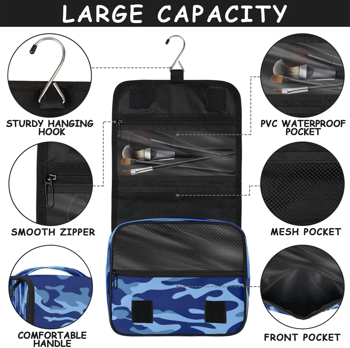 Blue Camouflage Hanging Toiletry Bag Waterproof Makeup Cosmetic Bag Travel Bag Organizer for Accessories Shampoo Full Sized Container Travel-Essentials Toiletry Bag