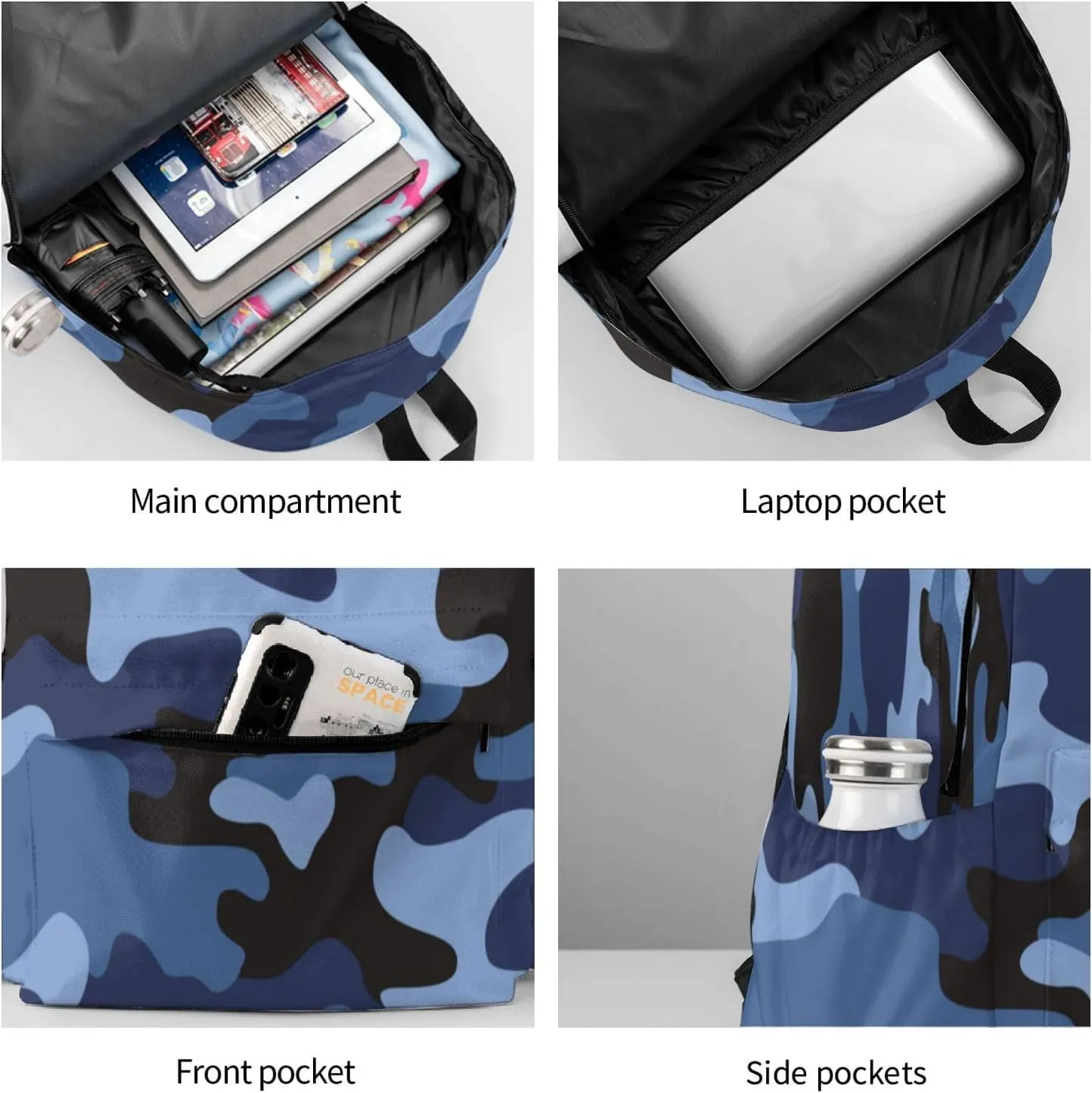 Blue Camouflage Laptop Backpack For Men Women, Military Camo Lightweight Daypack Bookbag For Daily Commutes Business Travel Hiking