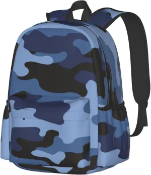 Blue Camouflage Laptop Backpack For Men Women, Military Camo Lightweight Daypack Bookbag For Daily Commutes Business Travel Hiking
