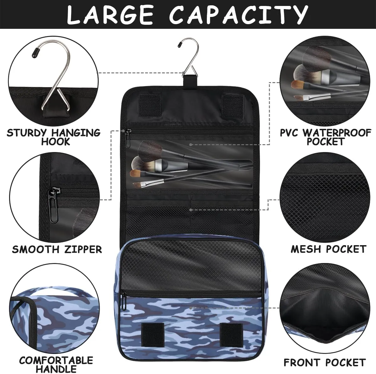 Blue Camouflage Makeup Bag Travel Cosmetic Bag with Zipper Pocket and Handle Travel Makeup Organizer Bag Water-resistant Toiletry Bags for Traveling Women Men Ladies Girls