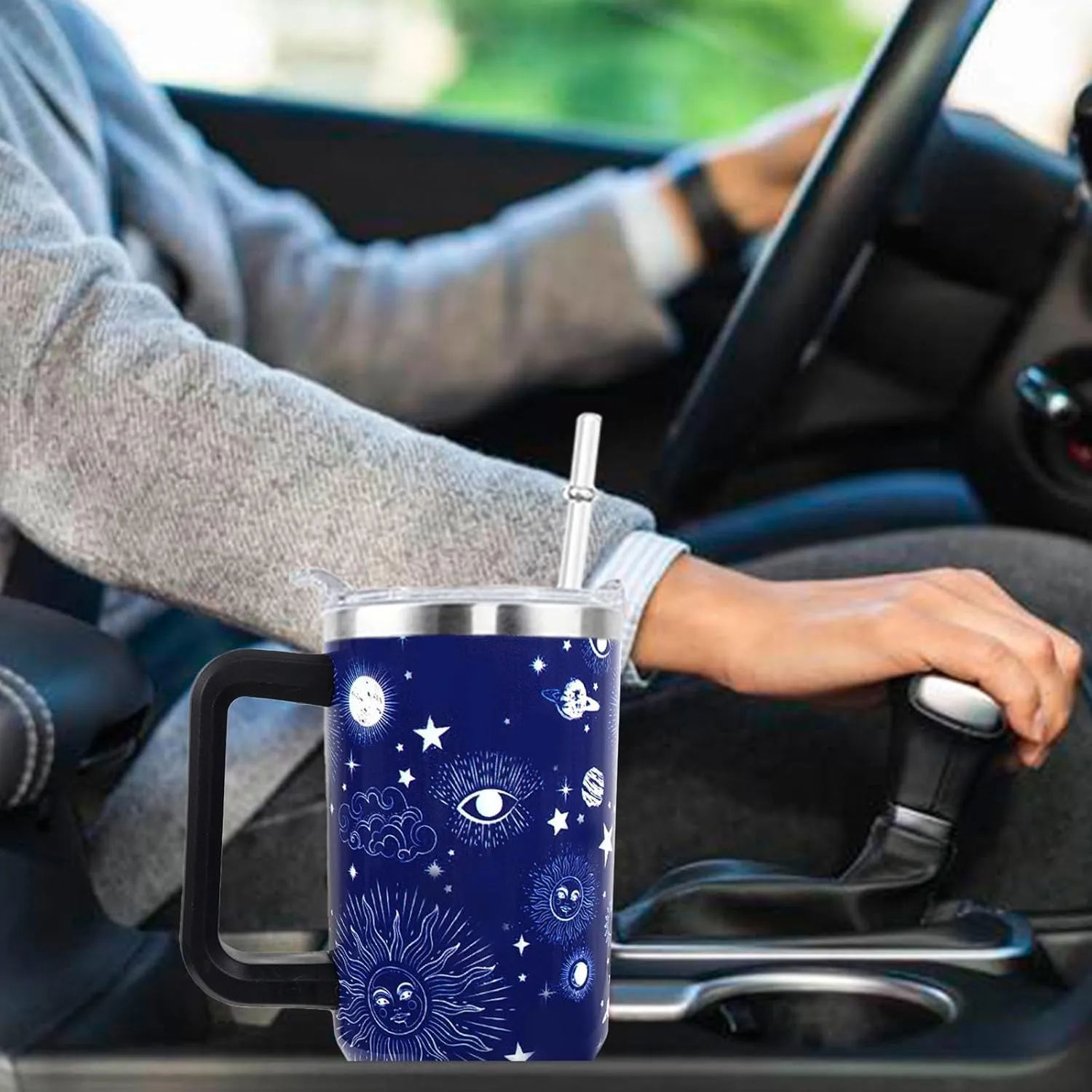 Blue Sun Moon Mug 40 OZ Tumbler with Handle and Straw Lid Leak Proof - Sun Moon and Stars Travel Coffee Mug with Handle Insulated for Hot Cold Ice - Birthday Gifts for Women Stainless Steel Cup